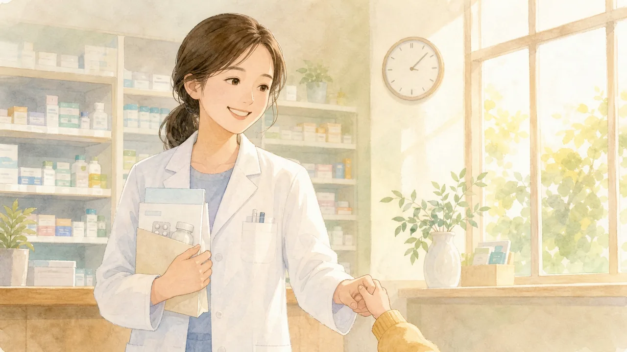 病院薬剤師のママが子どもの手を握りながら笑顔で働くイメージ。子育てと両立できる職場環境を象徴