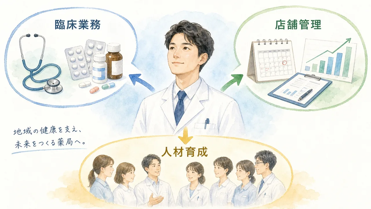 管理薬剤師が担う3つの役割(臨床業務+店舗管理+人材育成)を示す概念図