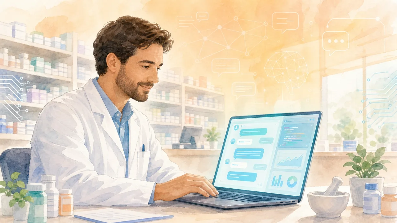 白衣の薬剤師がノートPCでAIツールと対話しながら業務改善を進めるイメージ
