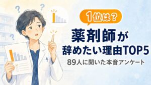 白衣の薬剤師が指を立てて気づいた表情のイラストと、「1位は？ 薬剤師が辞めたい理由TOP5 89人に聞いた本音アンケート」の文字が入ったアイキャッチ