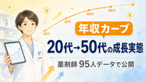 薬剤師95人アンケートによる20代から50代の年収カーブを示すアイキャッチ画像