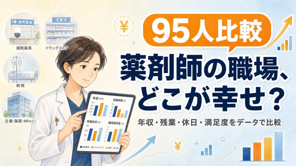 調剤薬局・ドラッグストア・病院・企業の4職場を比較する薬剤師のイラスト（95人アンケート）